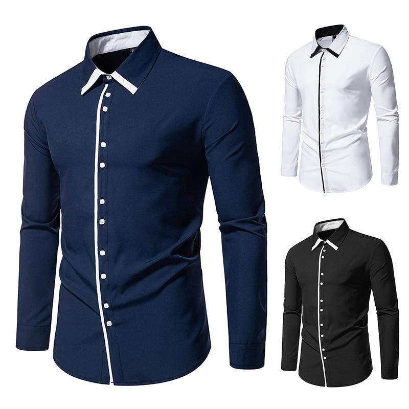 Men's Handsome Contrasting Color Double-layer Collar Long-sleeved Shirt Business Casual Long-sleeved Shirt