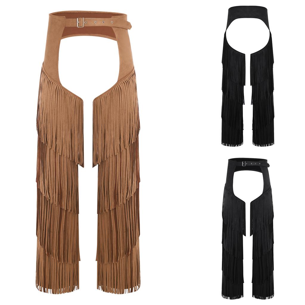 Adjustable Buckles Western Pants S-3XL for Adults Men - Cowboy Open Crotch Buttless Style with Layered Fringe for Raves Christmas Parties