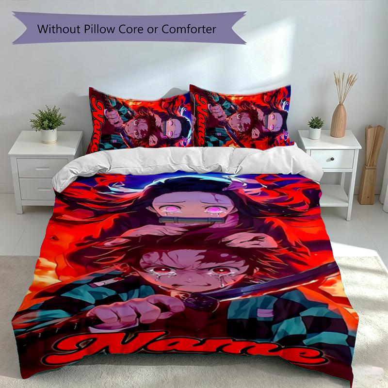 3pcs Custom Name Demon Slayer Tanjiro Kamado Set,Includes 1 Duvet Cover and 2 Pillowcases,All-season Bedroom Decor