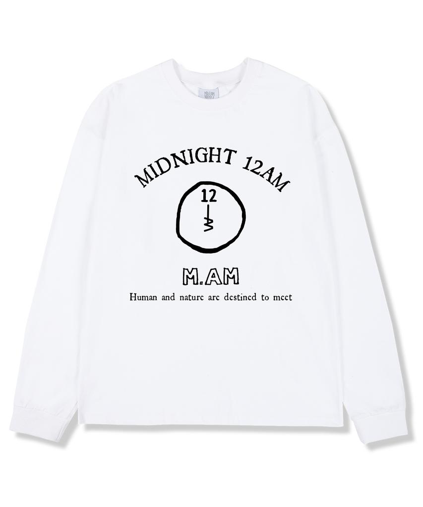 MIDNIGHT12AM 12M.Am Логотип Свободная футболка с длинным рукавом Белая (Выбираемые рубчатые манжеты)