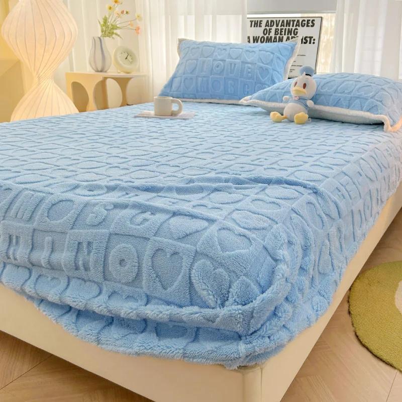 2025 Plush Bed Sheet Bed Linen Sheet Velvet Bedsheet 3D Letter Love Mattress Cover Adjustable Elastic Fitted Sheet