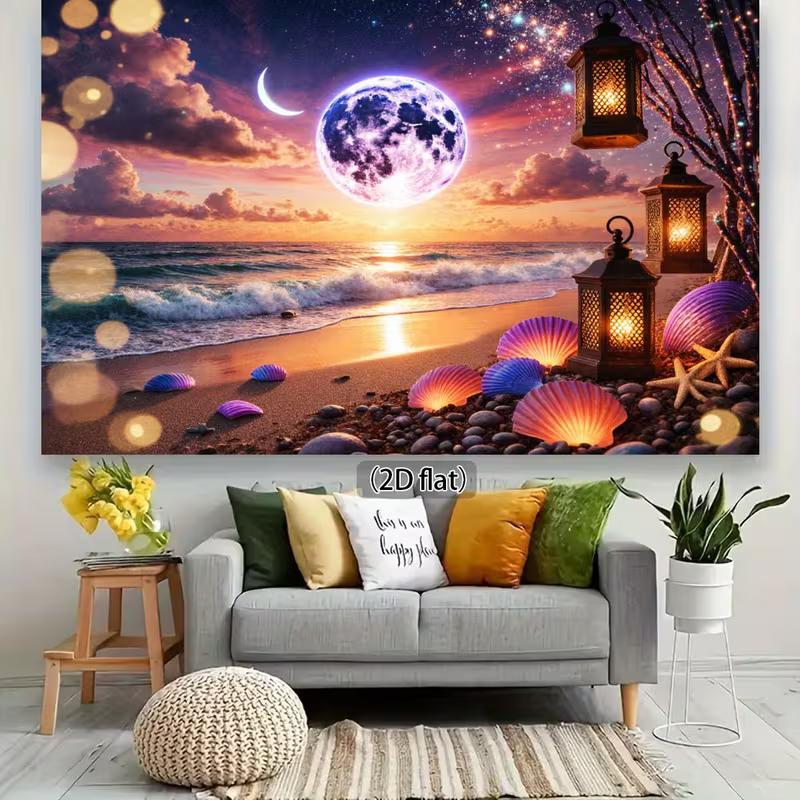 2D Fantasy Starry Beach & Lantern Backdrop for Room Decor & Content Creation