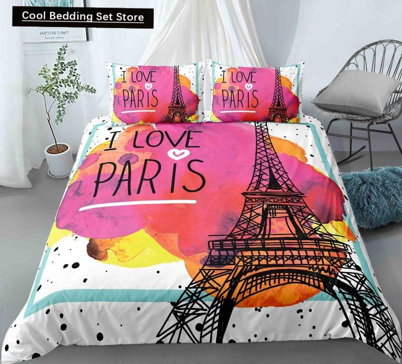 Пододеяльник с изображением парижской башни King Queen Знаменитые здания во Франции Комплект постельного белья для взрослых Розовый Романтический 2/3 шт. Полиэстеровый пододеяльник