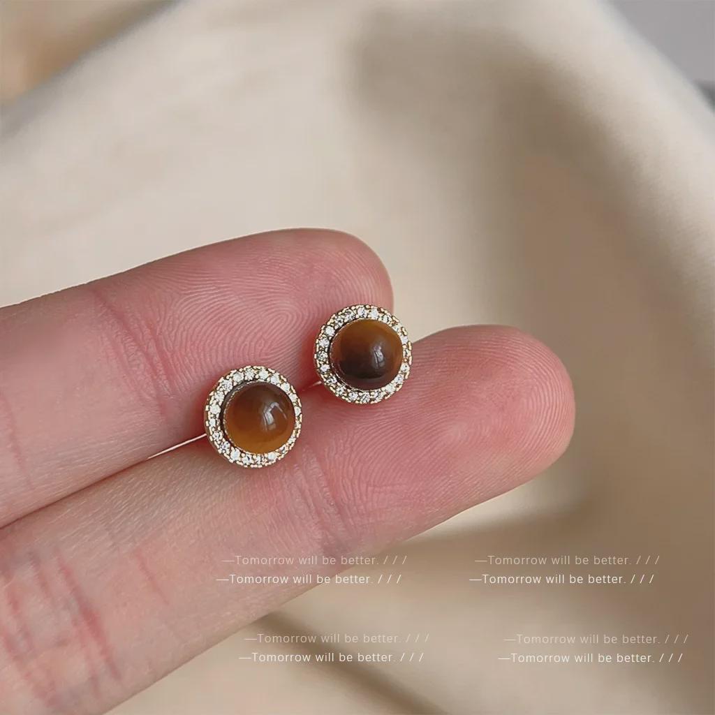 Элегантные ретро-серьги из тигрового глаза в гонконгском стиле для женщин — универсальный дизайн с цирконием, высококачественные ювелирные изделия