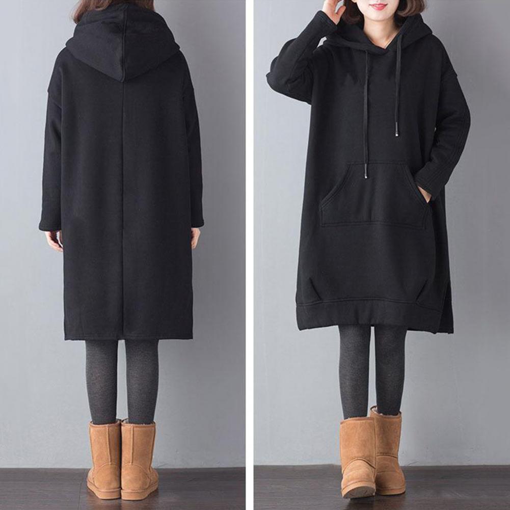 Уютная плюшевая толстовка с капюшоном Уютная плюшевая толстовка длиной до колена с завязкой на подоле и большим карманом для женщин Теплая зимняя одежда Толстовка