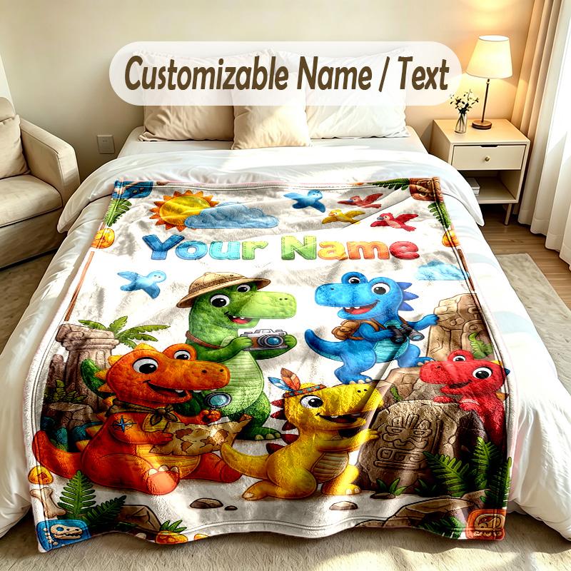 Dinosaur Theme Custom Blanket Personalized Name & Text Customized Soft Warm Throw Blanket Home Decor