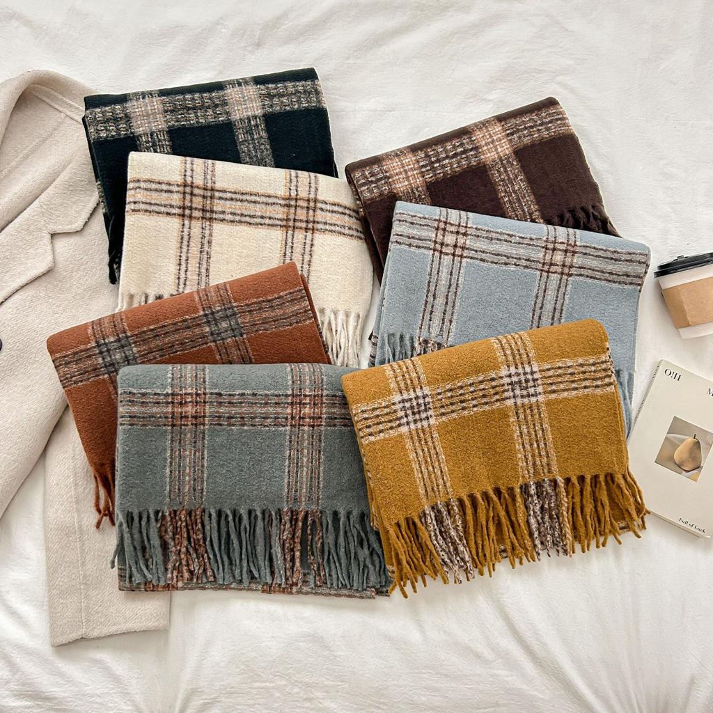 British Retro Large Plaid Scarf for Women Winter Fleece-Like Cashmere Trendy Brand Korean Style Versatile Student Warm Neck Warmer