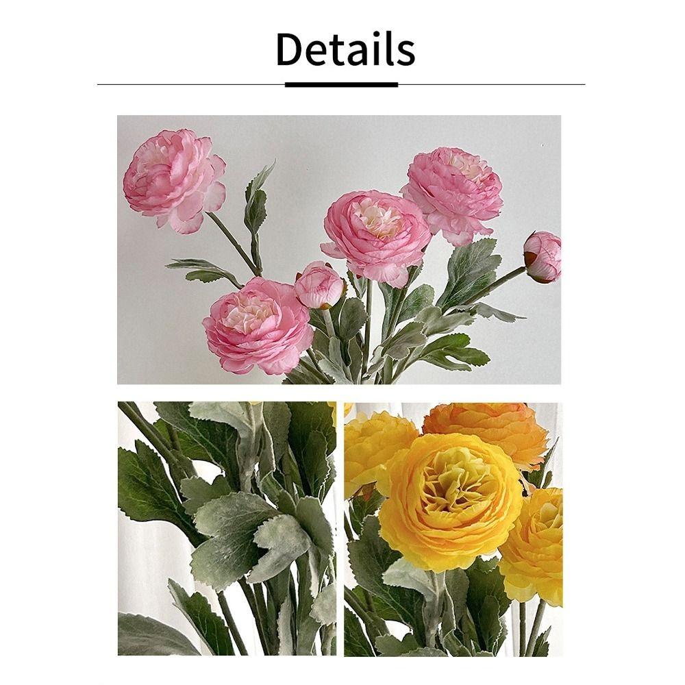 3 Heads Artificial Ranunculus Flower Flocked Leaf Multi-Color Silk Fake Flower Stem Long Stem Realistic Bloom Fake Floral Stem