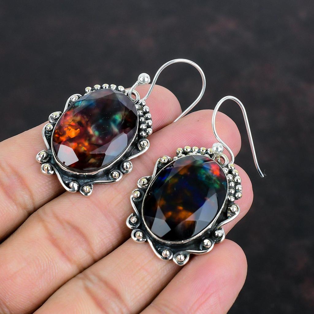 Граненые серьги из аммолита, серьги из стерлингового серебра 925 пробы, серьги с драгоценными камнями, ювелирные изделия из аммолита, серьги-подвески ручной работы, подарки для нее, дизайнерские украшения