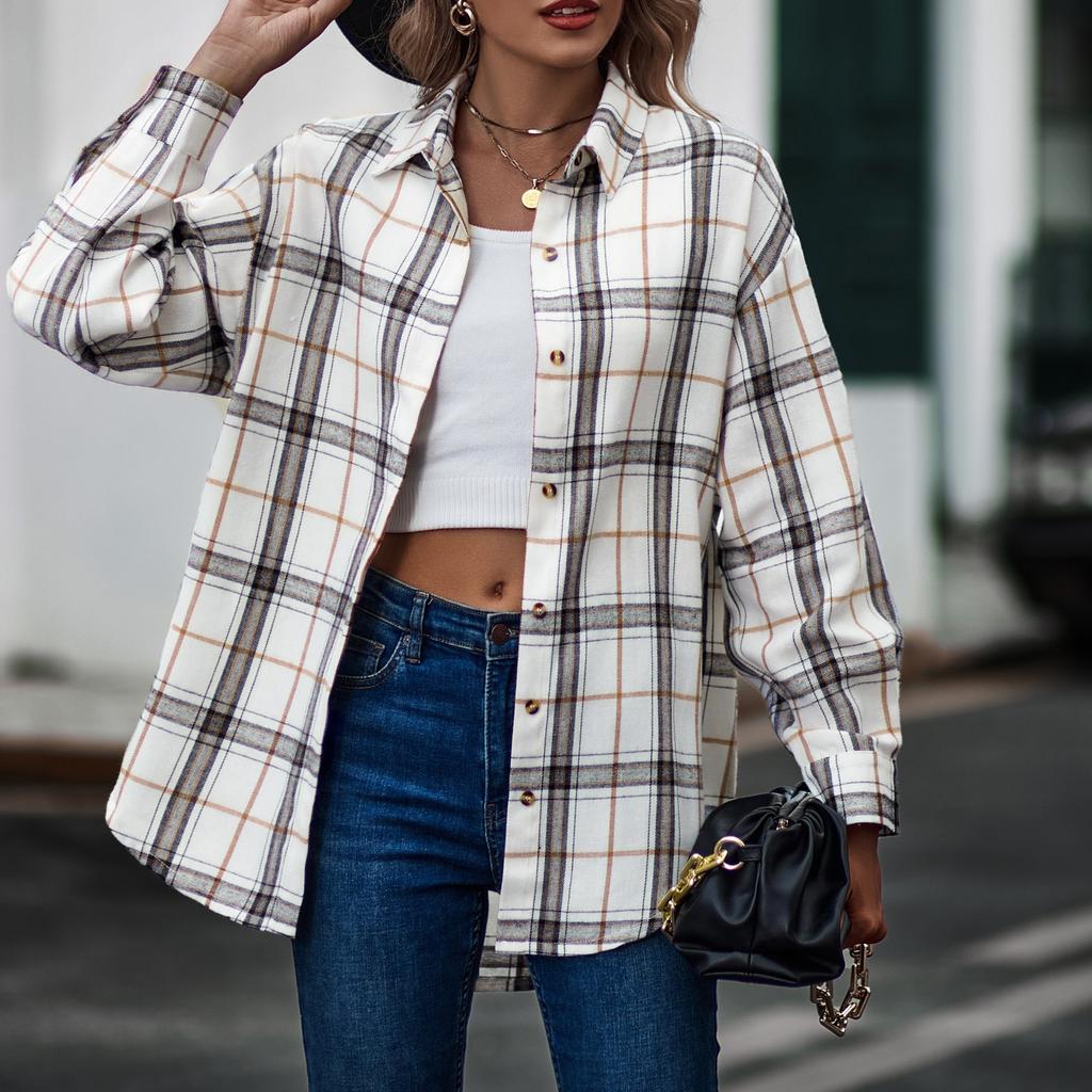 Модные женские повседневные топы в клетку с длинным рукавом и воротником-стойкой, пальто