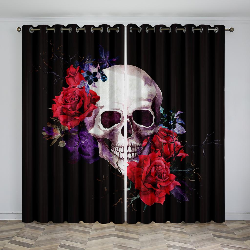 Personality 3D Printed Ebony Mystery Skull Rose Drapes 2 Panel Livingroom Space Bedchamber Balcony Study Decorative Drapes