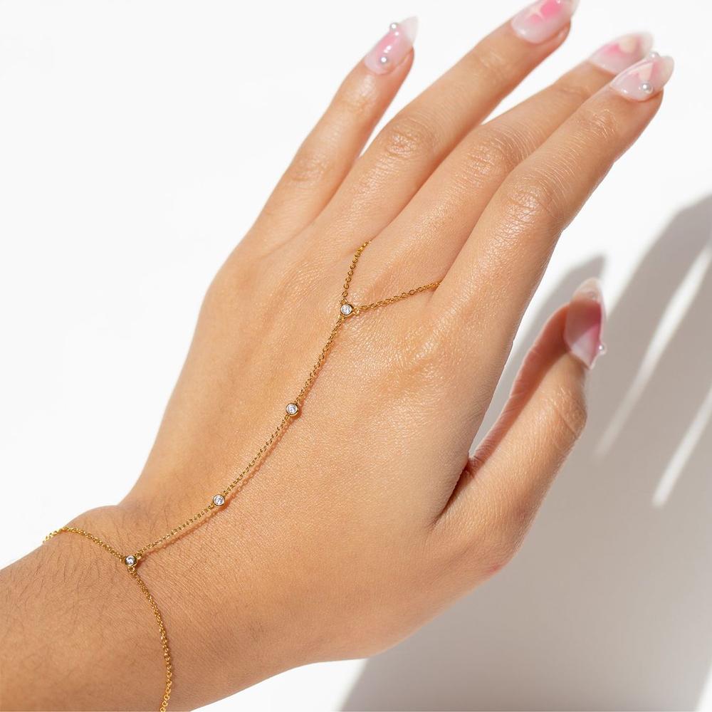 Gold Plated Stainless Steel Hand Chain Bracelet Zircon Link Slave Finger Ring Bracelet Fashion Jewelry for Women