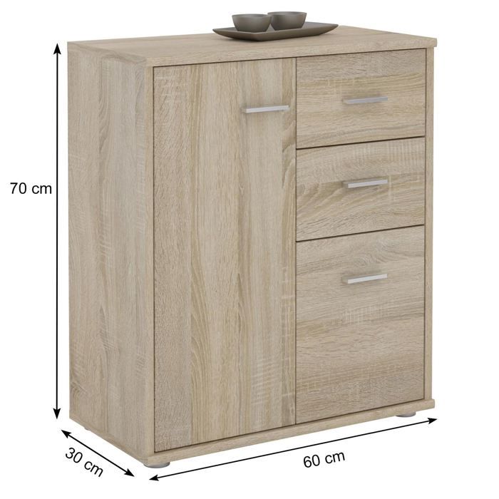 REMY sideboard, chest of drawers storage unit with 2 drawers and 2 doors, in melamine with Sonoma oak decor