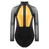Girls Shiny Rhinestones Leotard Color Block Patchwork Keyhole Back Sheer Mesh Long Sleeve Bodysuit
