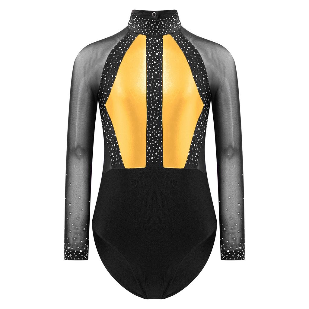 Girls Shiny Rhinestones Leotard Color Block Patchwork Keyhole Back Sheer Mesh Long Sleeve Bodysuit