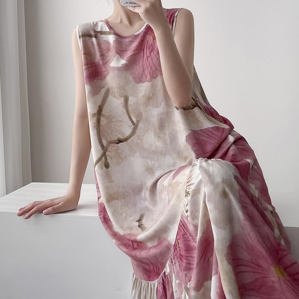 Vest nightdress women's summer cotton and silk pajamas long high-end loungewear can be worn outside holiday dress artificial cotton thin