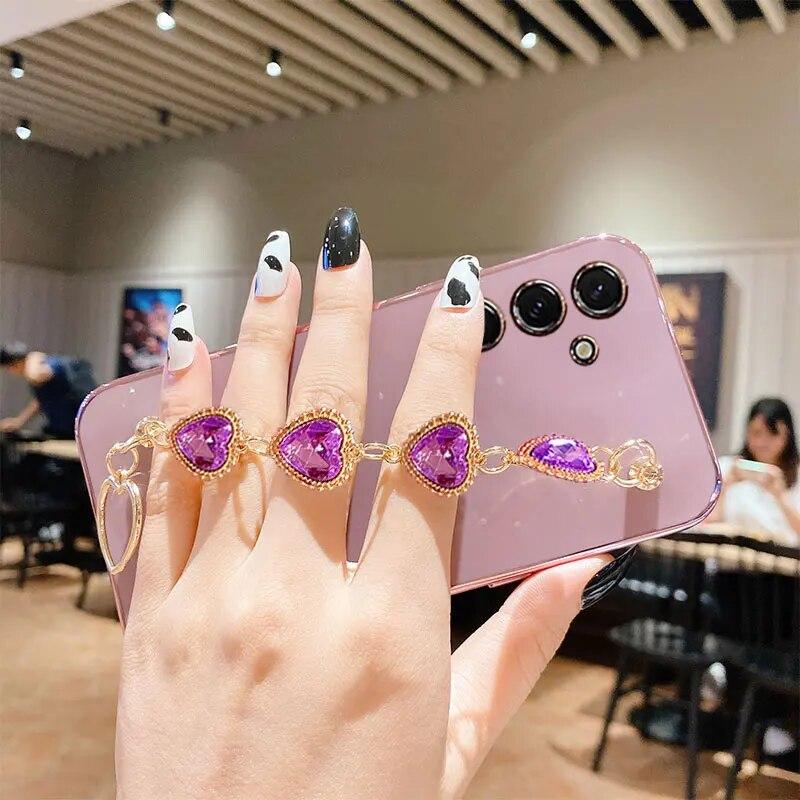Чехол с браслетом Diamond Love для Samsung S24Ultra S23 S22 A34, мягкий противоударный чехол с цепочкой на запястье для Galaxy A14 A15 A54 A05s A03 A04s A04e M54 M14, чехол