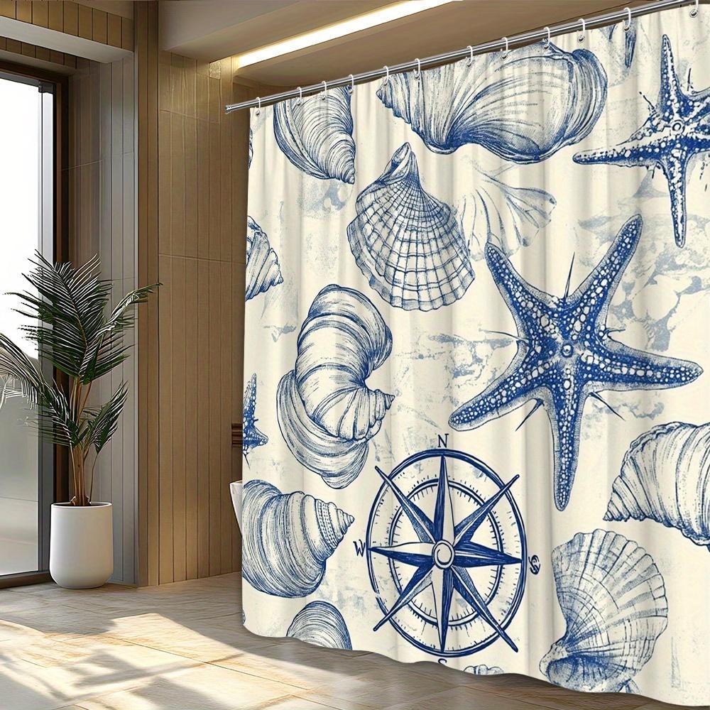 1 piece vintage nautical style blue shell and starfish shower curtain, polyester fabric, machine washable, suitable for bathroom