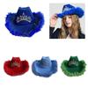 Wedding Party Cowboy Hat Adult Woman LED Feather Tinsel Brim Hat Fedoras Felt Cowboy Hat with Rhinestone Crown Decor