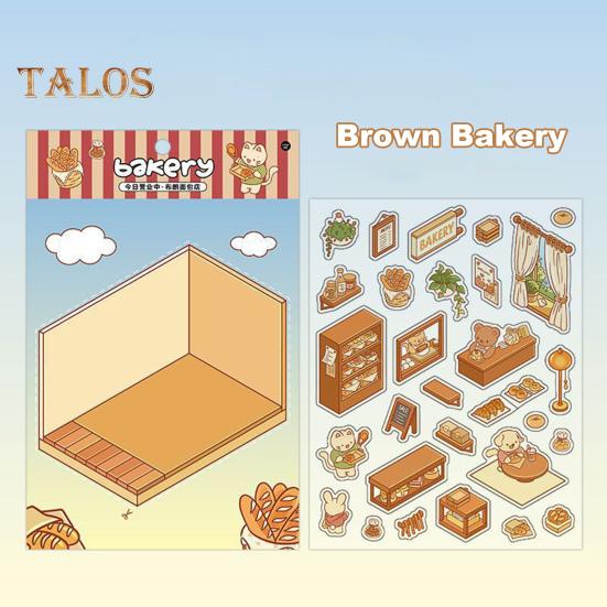 4 Set 3D DIY House Scene Stickers Stress Relief Decals Supermarket Coffee Shop Bookstore Sun Room Library Tear-resistant Surface Stickers