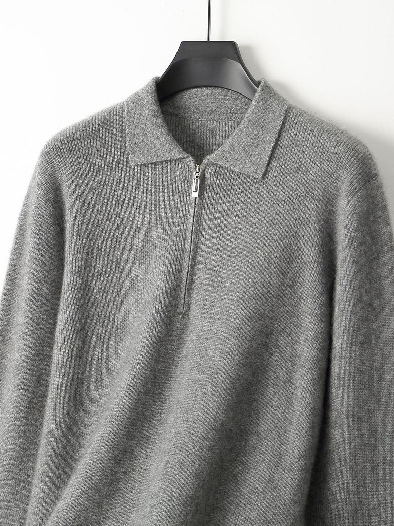 Мужской деловой повседневный пуловер поло из чистой шерсти на молнии - Осенне-зимний пуловер свободной вязки
