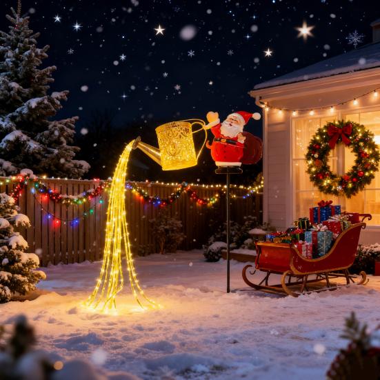 Solar Lights Outdoor Santa Watering Can Kettle Lights LED Fairy Lights Waterproof Metal Garden Lantern for Yard Patio Lawn Pathway