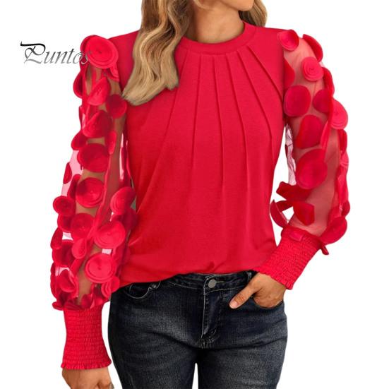 Женские топы с круглым вырезом, сетчатые, с ажурными буфами, с длинными рукавами, однотонные, универсальные, стильные, блузки