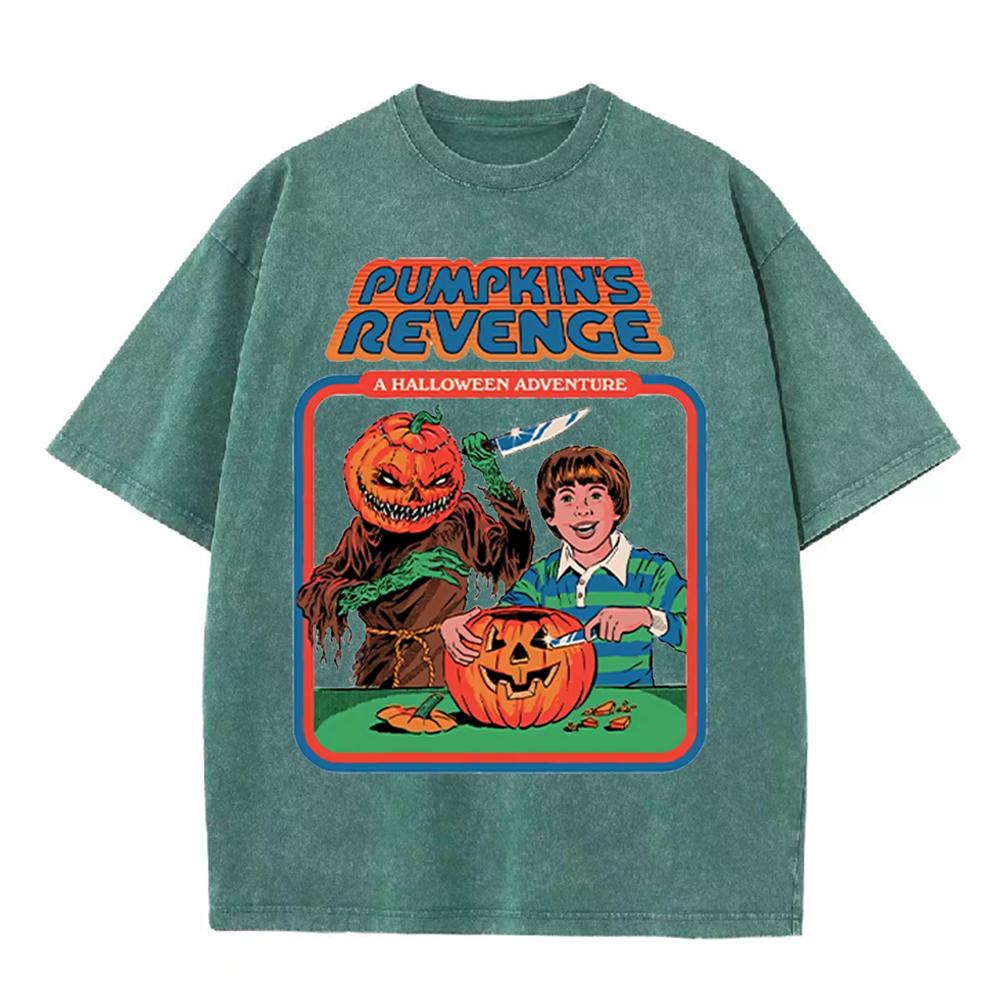 2026 Vintage Washed Beige Pumpkins Revenge Halloween Retro Comic Graphic T Shirt Horror Cartoon Oversized Casual Short Sleeve T