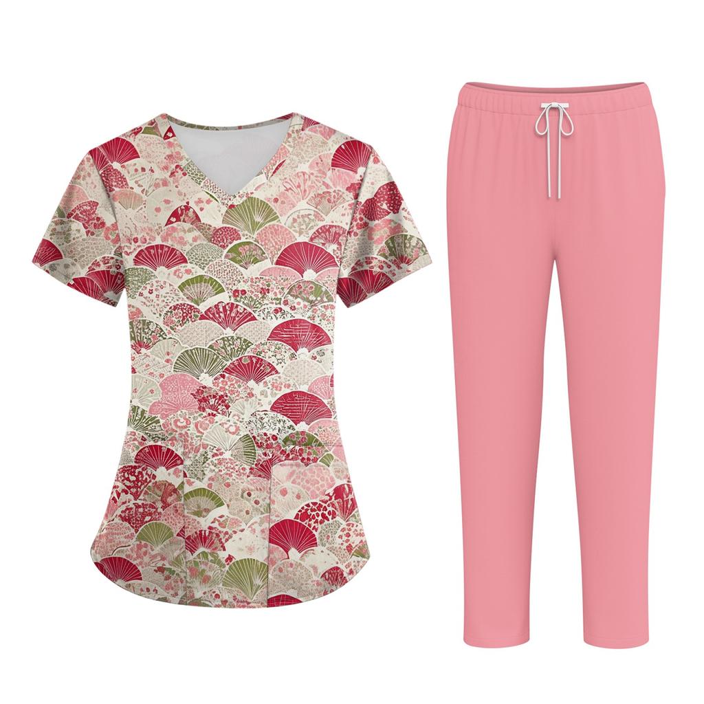 Плюс размерСкраб с принтом Рабочая форма Топы для женщин Крест V-образным вырезом Хэллоуин Принт с короткими рукавами Забавные футболки Спецодежда Футболка с карманами