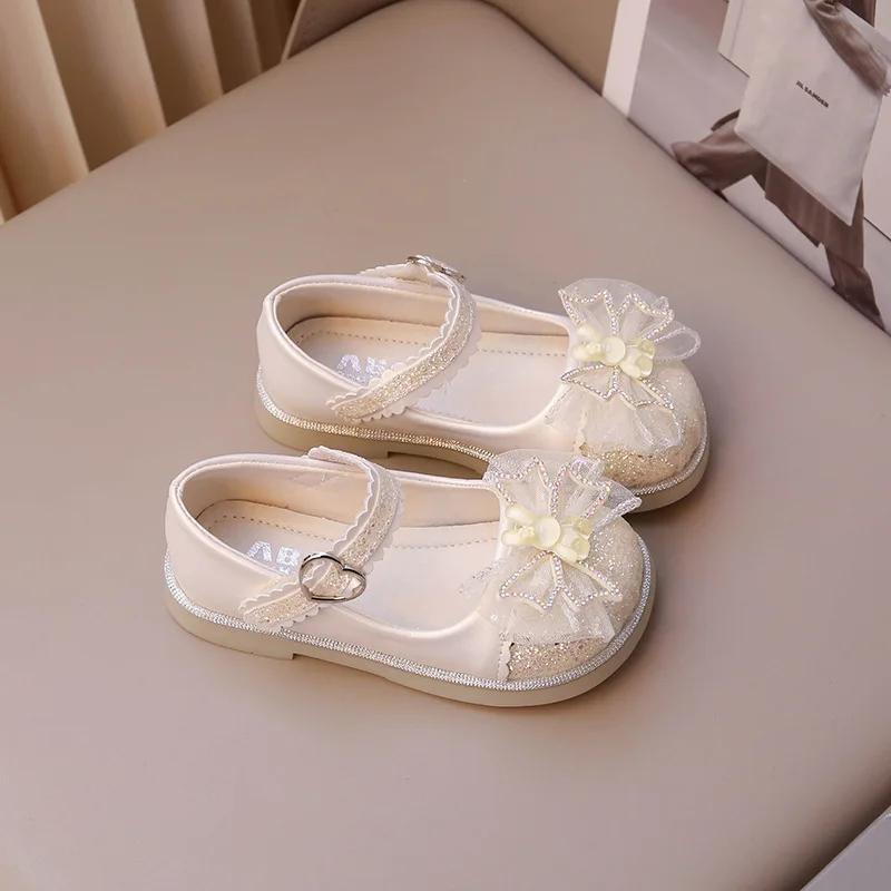 Spring Autumn Children's Leather Shoes chic Sequins Girls Party Shoes Fashion Bowtie Rabbit Kid Princess Causal Dress Flat Shoes