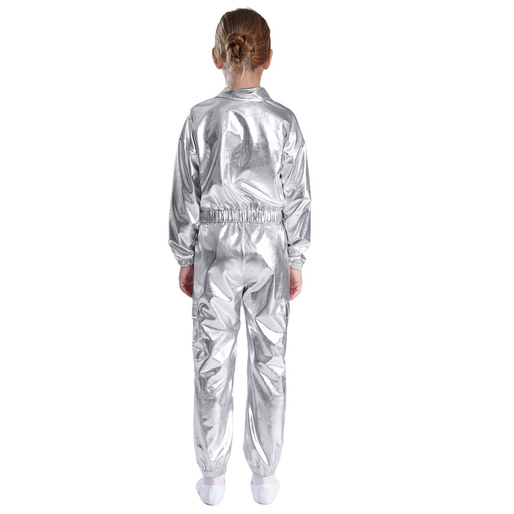 Блестящий танцевальный костюм для девочек и мальчиков, металлическая куртка с отложным воротником и длинными рукавами и блестящие брюки для джазовых соревнований