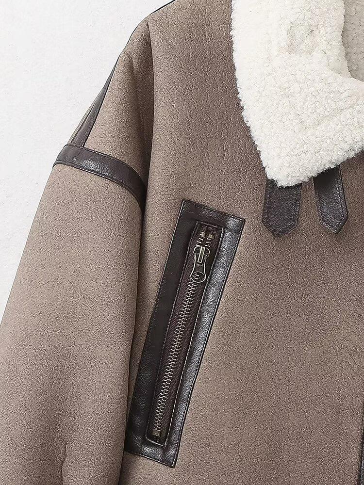 Женская мода толстая теплая искусственная овчина куртка пальто винтажная с длинным рукавом пояс подол женская верхняя одежда