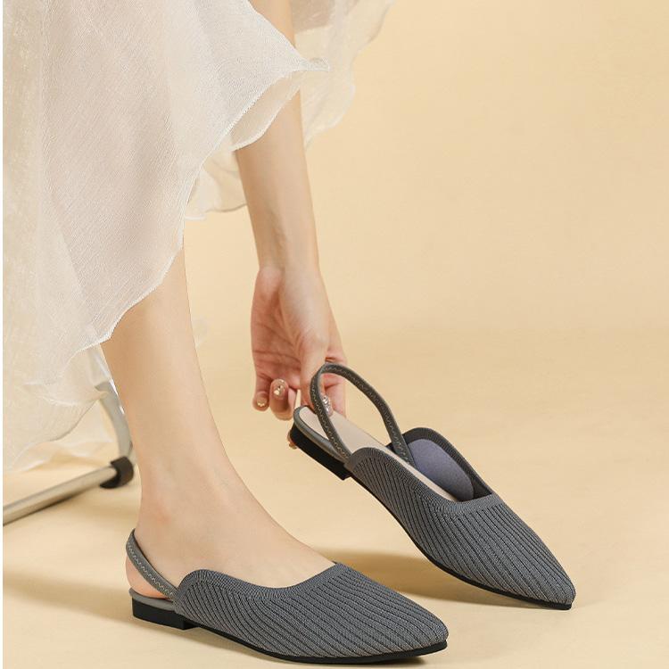 Женские летние туфли большого размера с острым носком и плоской подошвой, повседневные однотонные вязаные сандалии с открытым носком, размер 34-43