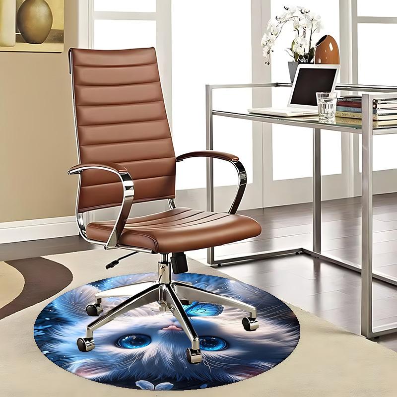 1pc Anime Design Round Carpet Blue Butterfly on White Cat with Big Eyes, Office Chair Mat, Non Slip Rug for Home Decor, All Seasons