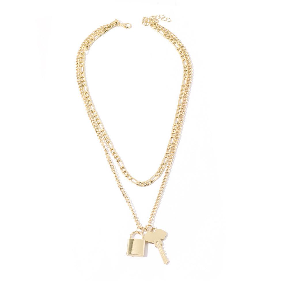 Потрясающее двухслойное ожерелье-цепочка для свитера из сплава с подвеской в виде ключа-замка для любителей моды