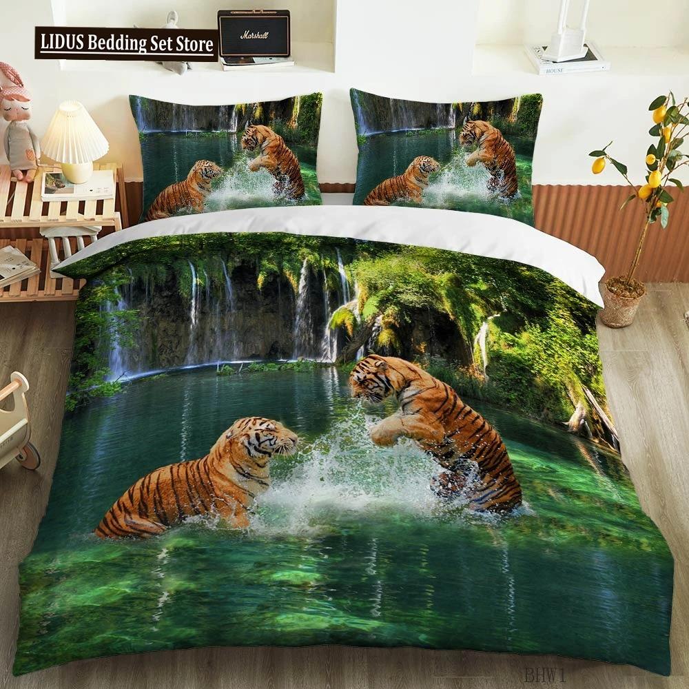 Комплект пододеяльника Тигр Лев Леопард Тема Животные 3D Комплект постельного белья Размер Кинг Куин Для Детей Мальчика Девочки Подростков Полиэстер Чехол для одеяла