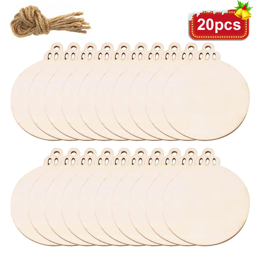 Wood Slices Set 3.5" Wooden DIY Christmas Ornaments Unfinished Predrilled Wood Circles with Twines Rope, Hanging Decorations