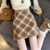 Women's High-Waist Wool Plaid Retro A-Line Skirt - Autumn/Winter Collection, Slim Fit, Short Length