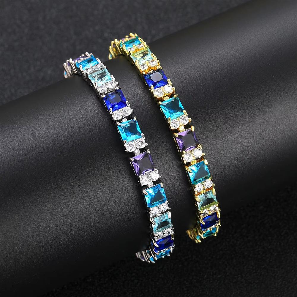 New Fashion 7mm Hip Hop Tennis Chain Bracelet Iced Out Blue White Zircon Men Women Jewelry