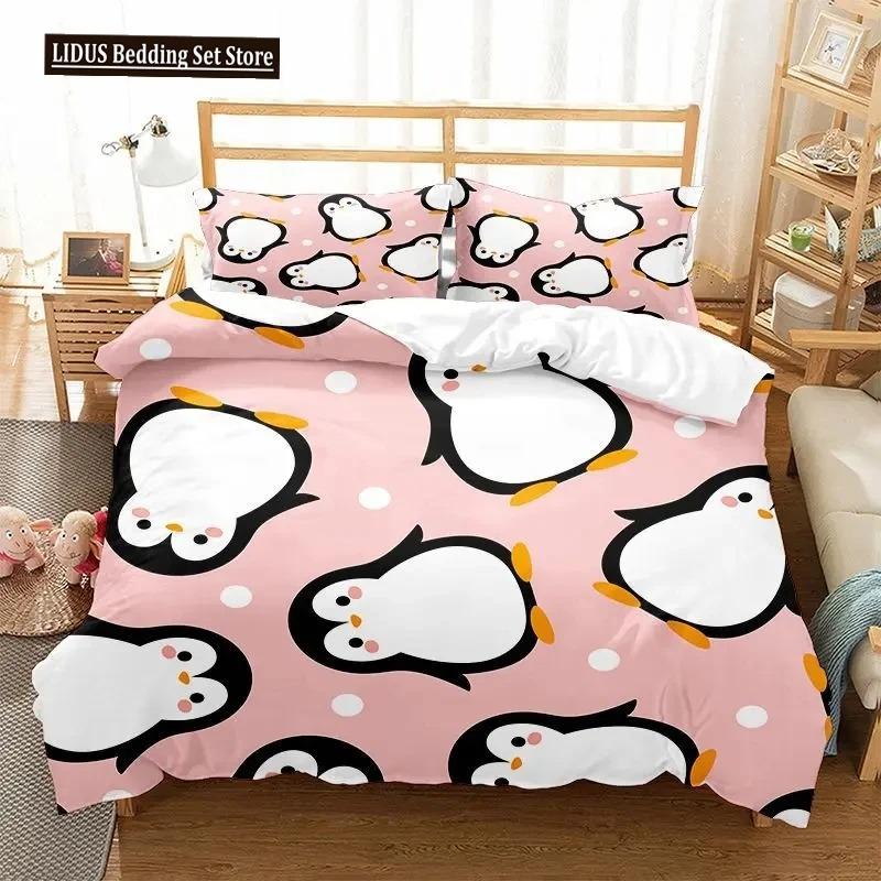 Cartoon Penguin Duvet Cover Collection For Boys Girl Animated Antarctic Animal Polyester Quilt Cover White Black King Queen Size