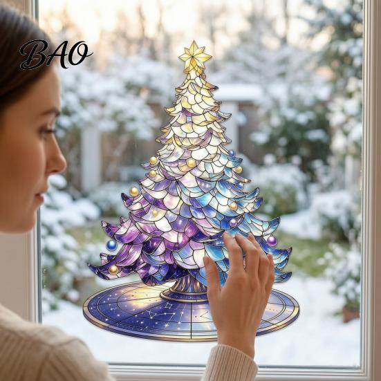 Indoor Outdoor Christmas Decorations Stained Glass Style Tree Static Window Cling, Gradient Starry Sky Reusable Festive Home Decor Xmas Sticker,