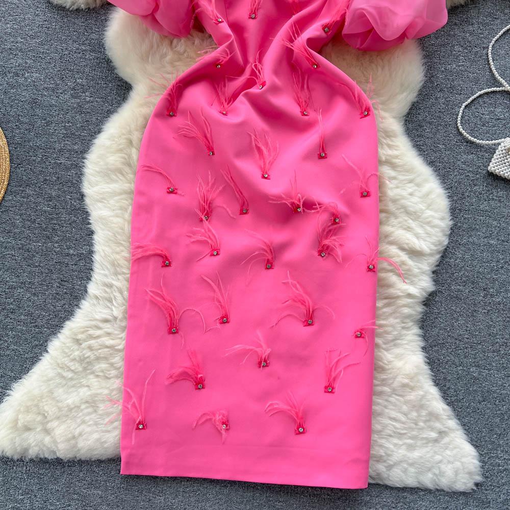 Women High Quality Beading Party Dress Summer Puff Short Sleeve Feather Design Slim Sundress French Vintage Split Midi Pencil Dress