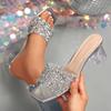 Fashion Women High Heels Sandals  2025 New Square Toe Transparent Heeled Sandals Woman Shiny Sequins Summer Fashion Glitter Shoes Women