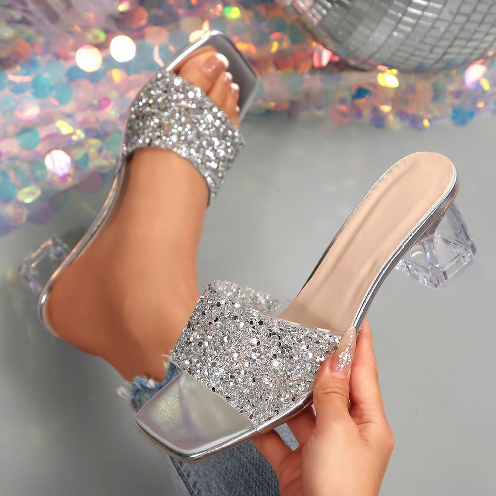 Fashion Women High Heels Sandals 2025 New Square Toe Transparent Heeled Sandals Woman Shiny Sequins Summer Fashion Glitter Shoes Women