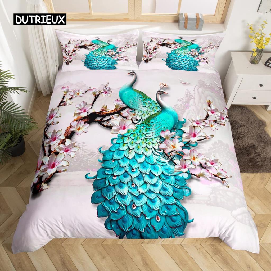 Peacock Duvet Cover Set Microfiber Gorgeous Blue Feather Comforter Cover Pink Flower Soft 2/3Pcs Birds Animal Theme Quilt Cover