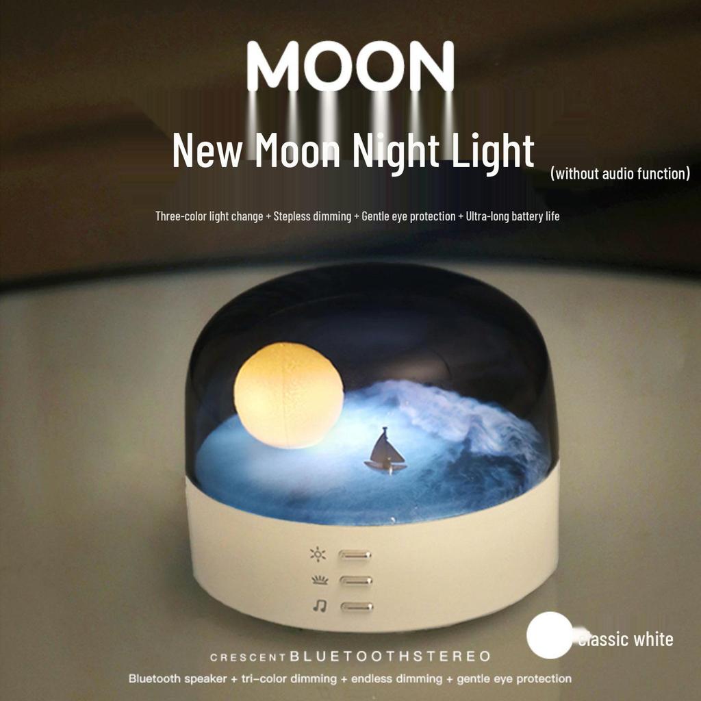 Creative Crescent Bluetooth Speaker and Rechargeable Eye-Friendly Bedside Night Light with Stepless Dimming.