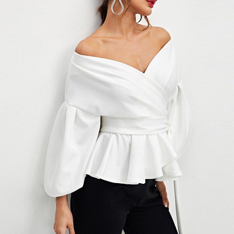 White Office Lady Elegant Lantern Sleeve Surplice Peplum Off the Shoulder Solid Blouse Sexy Women Tops And Blouses