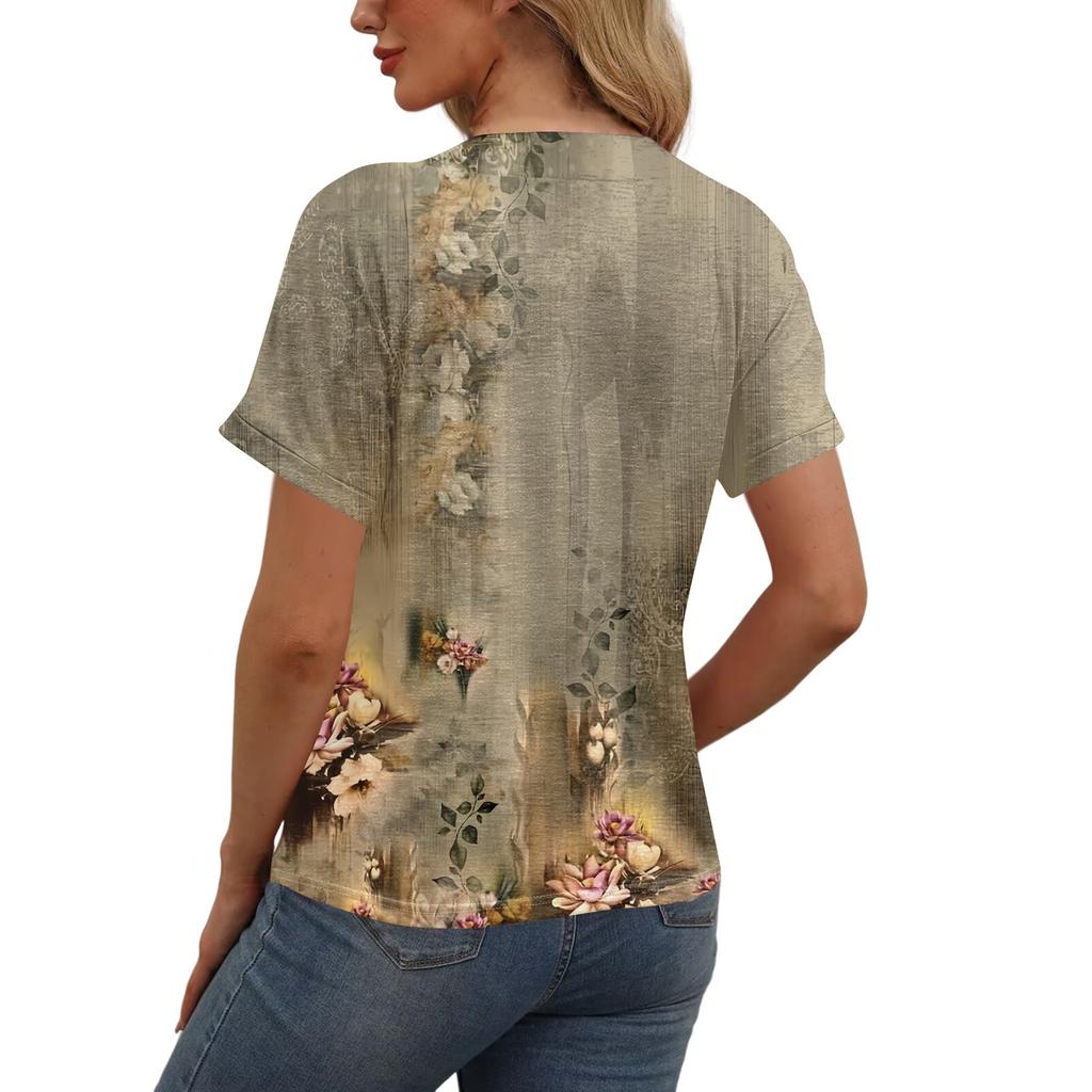 Женская модная повседневная футболка с короткими рукавами и V-образным вырезом, цветочным принтом и застежкой на пуговицы