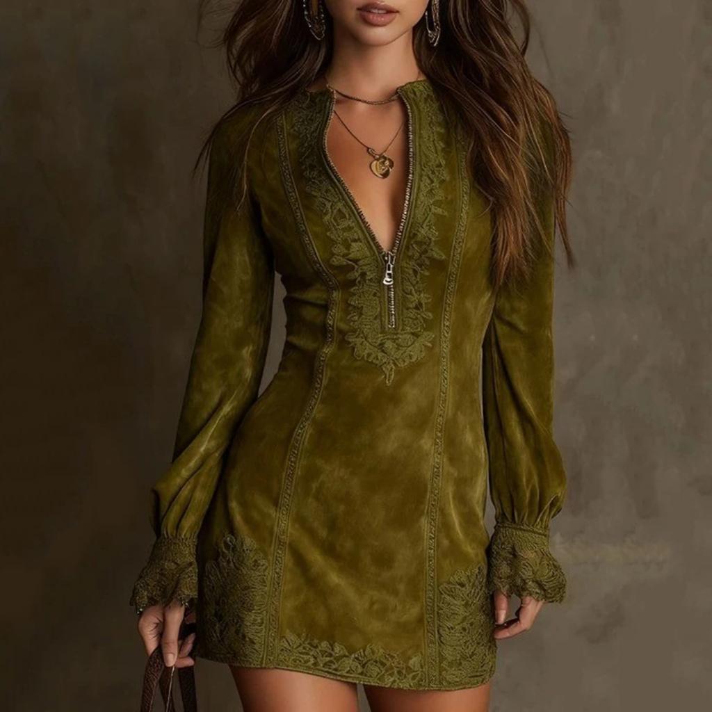 Женское замшевое платье с V-образным вырезом, на молнии, с кружевным длинным рукавом, однотонное, винтажное
