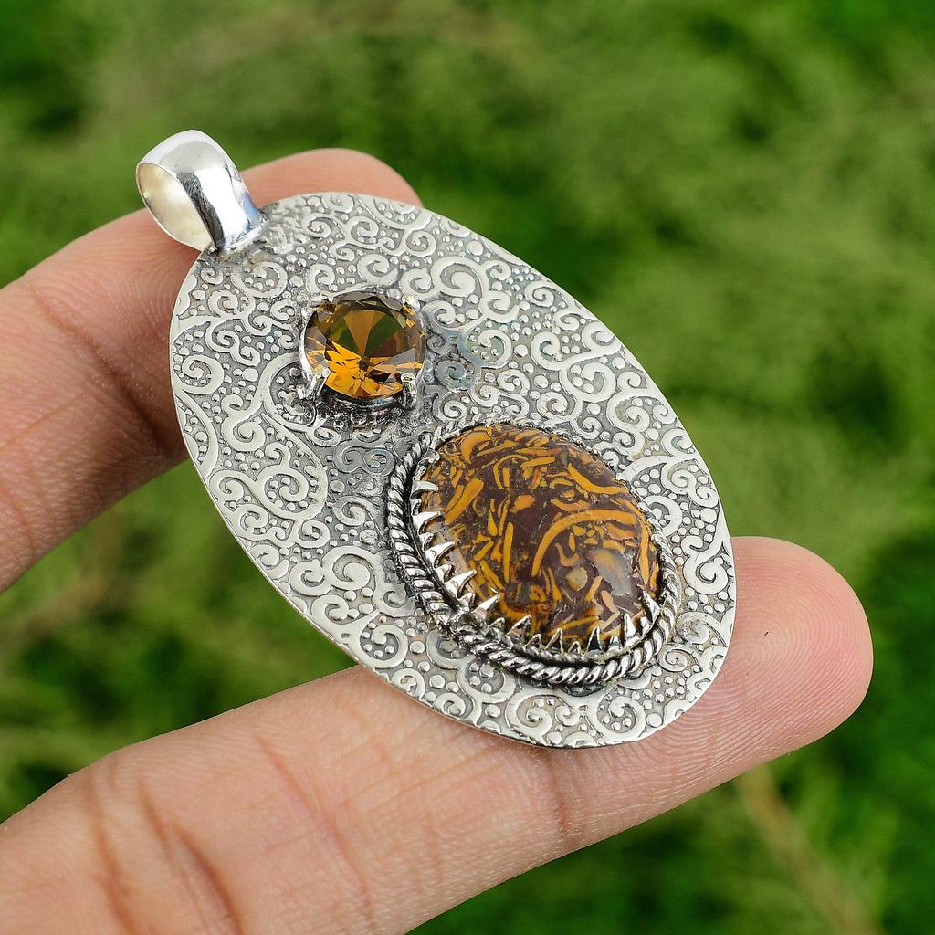 Sterling Silver Natural Mariam Jasper Citrine Bezel Wife Boho Pendant Jewelry